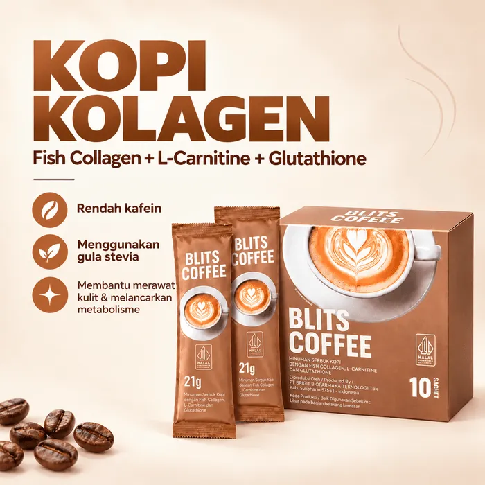 Blits Coffee kopi kolagen, kemasan 10 sachet dan sachet 21 gram